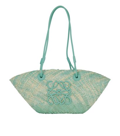 Small Anagram Basket Bag, &pound;380, Handbags, Beige/Blue, Leather/Raffia, Front view